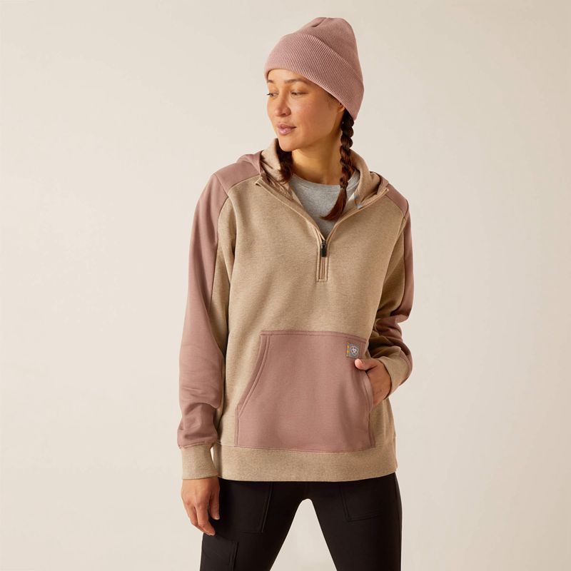 Ariat Rebar Colorblocked 1/2 Zip Hoodie Oatmeal Heather/Antler Femme | YOD-03576653