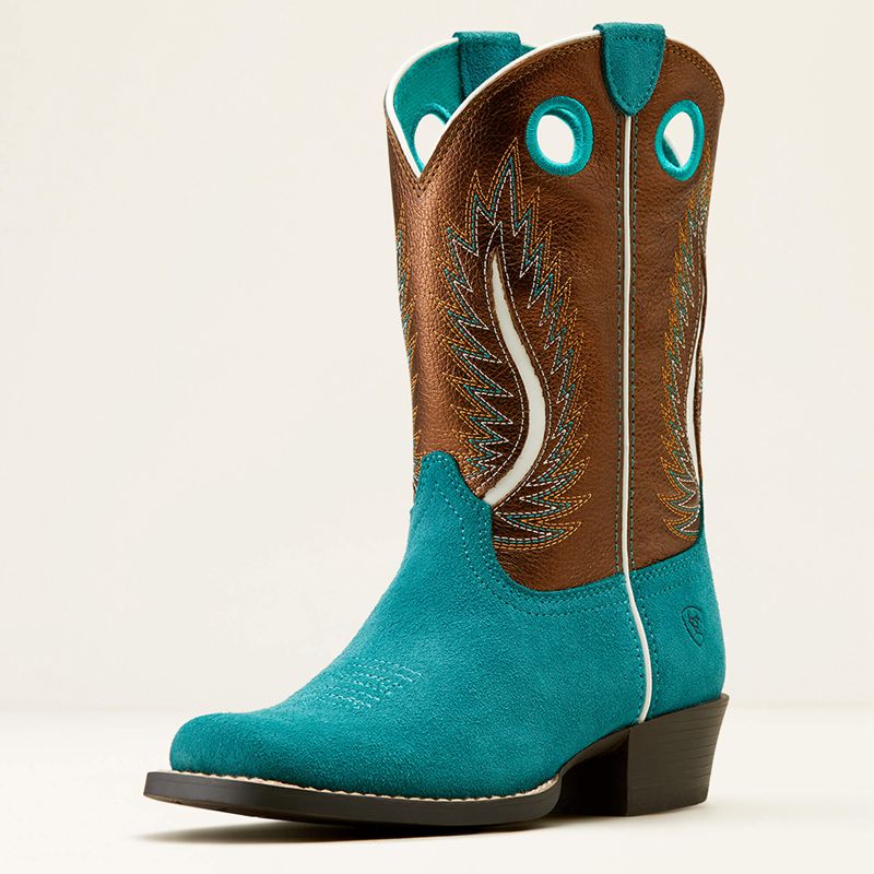 Ariat Bk Futurity Fort Worth Western Boot Teal Suede/Gilded Mocha Enfant | XXE-63743404